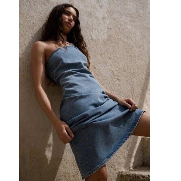 ZARA ASYMMETRIC DENIM MIDI DRESS BLUE Size Extra Small XS - Picture 2 of 11